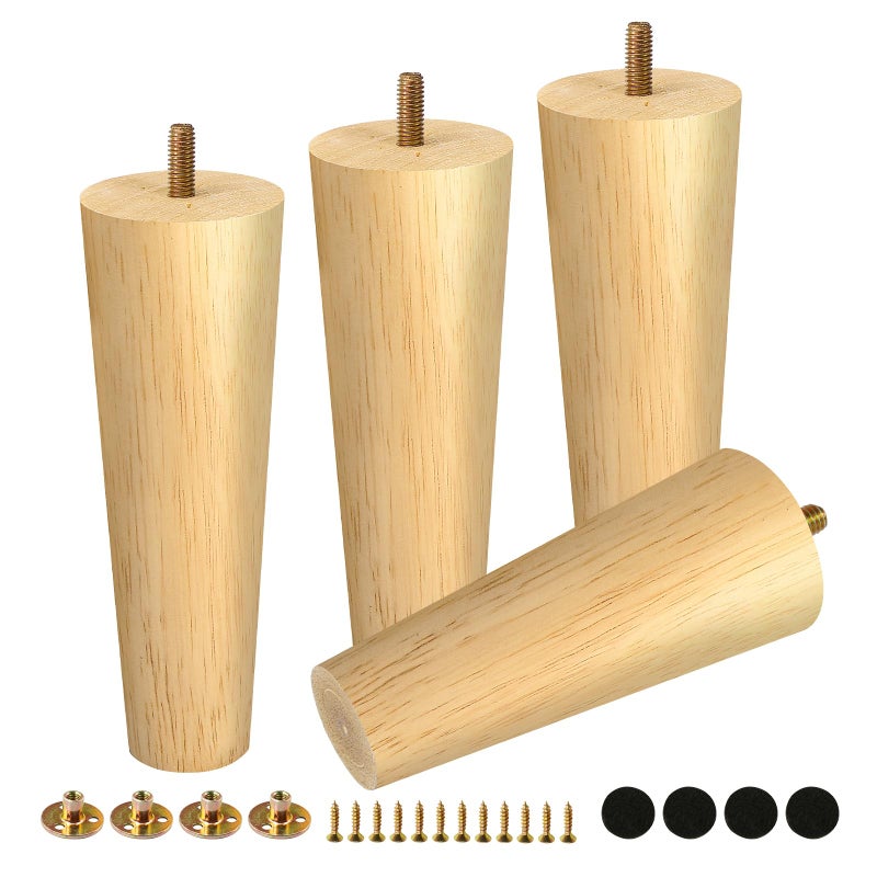 FoDau770 Rubber Wood Furniture Legs 7 Inches, Straight Tapered Wood Feet Mid Century Sofa Legs Set of 4, 5/16"" UNC Furniture Feet Replacement Parts for Cabinet Couch Dresser Chair Ottoman Table - Image 1